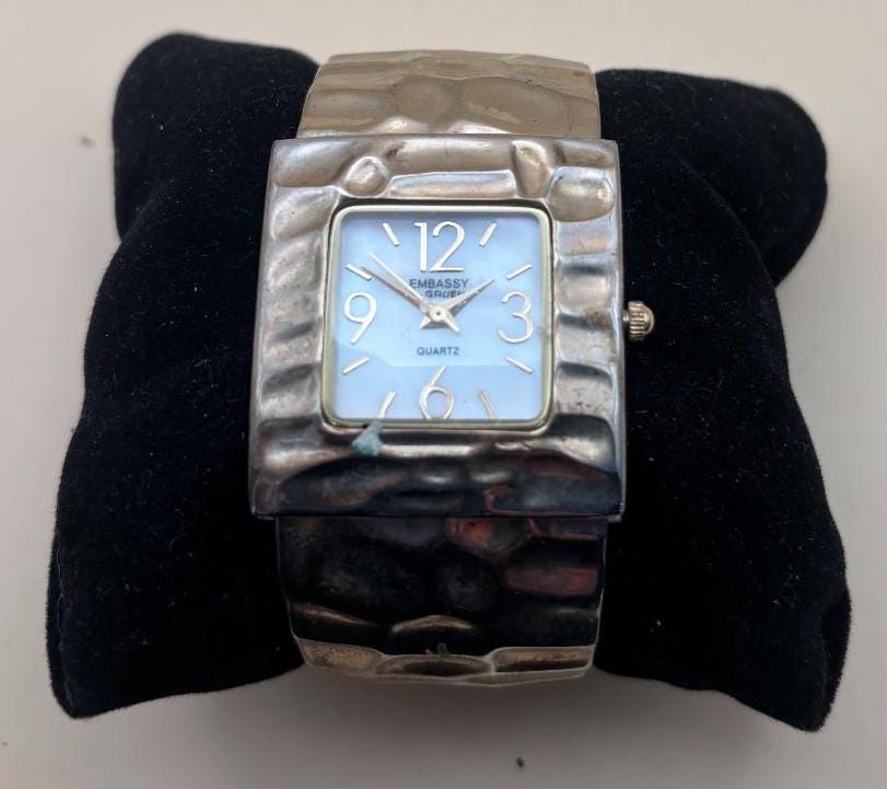 Vintage Embassy by Gruen Quartz Watch Number 231 Cuff Style Hand Hammered Silver Lover Antiques and Vintage