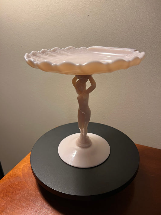 Vintage Cambridge Crown Tuscan Seashell Flying Nude Lady Stem Compote Rose Colored Art Deco Glass Bowl Pink Glass Art Lover Antiques