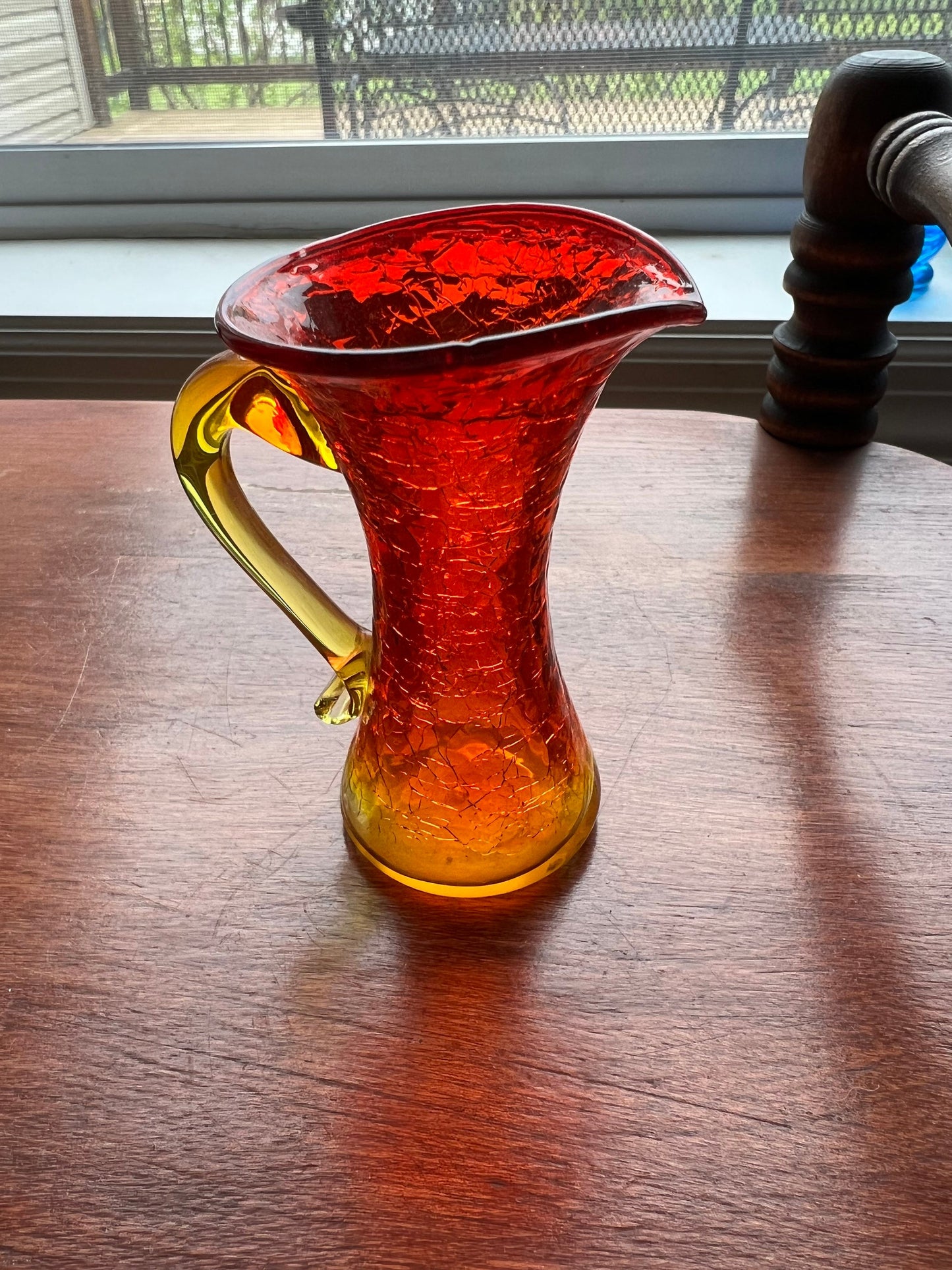Vintage Amber Crackle Art Glass Orange mini pitcher with handle