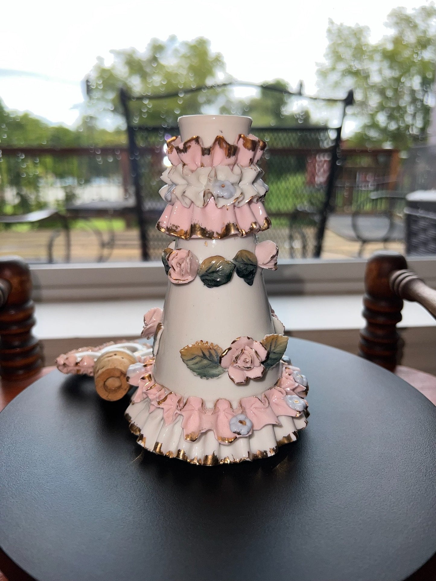 Vintage Thames Hand Painted Roses Perfume Bottle Ceramic Frilly Lace Lover Antiques and Vintage