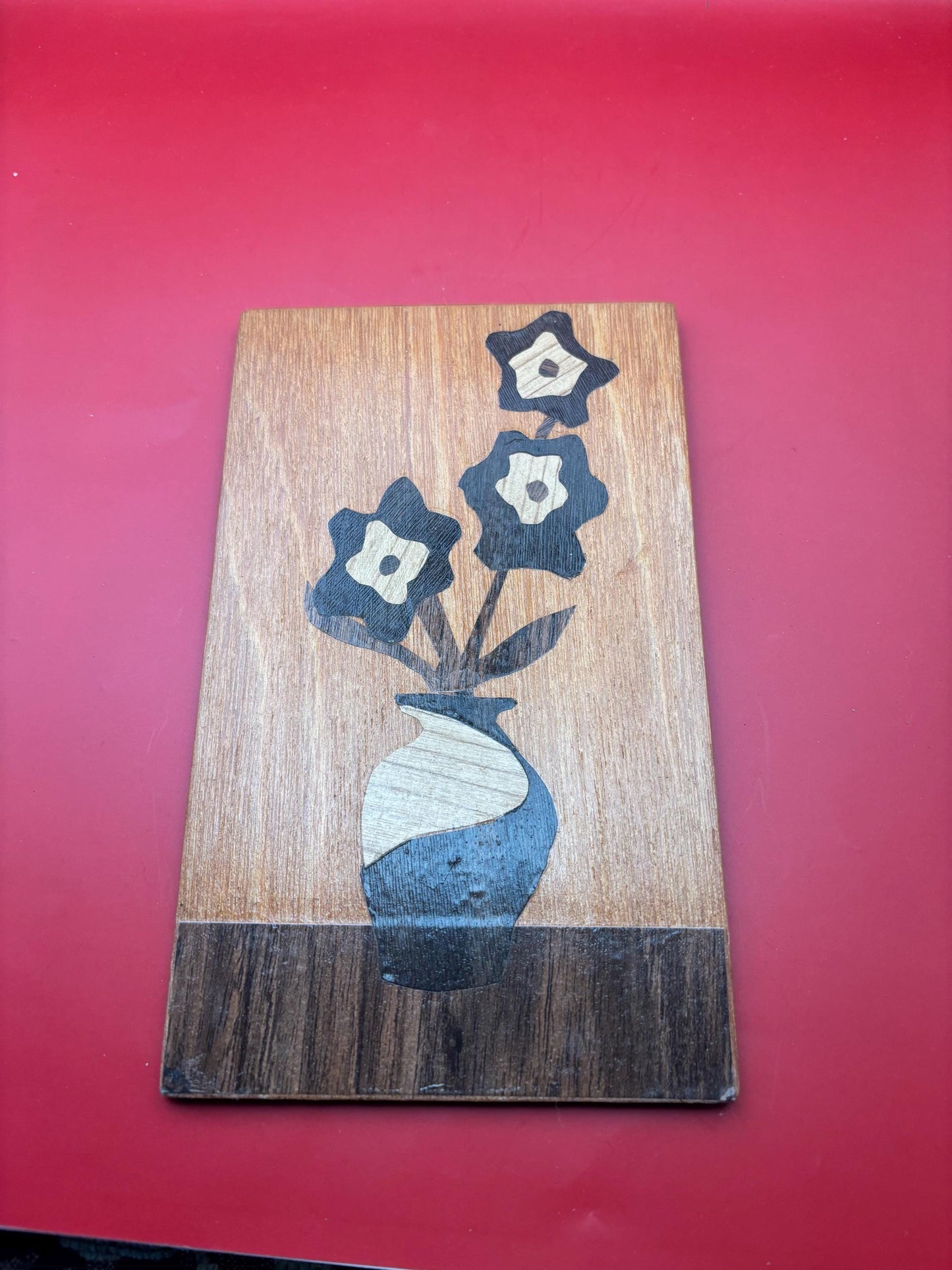 Handmade Flower Marquetry Wood Inlay Art Wall Hanging, Several Distinct Wood Tones