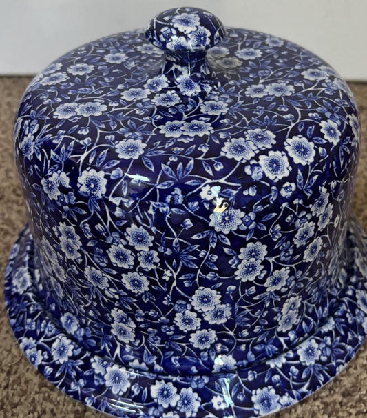Burleigh Ware Large CALICO Blue Cheese Dome or Cake Plate with Cover Royal Crownford Ironstone England Blue and White Floral Transferware