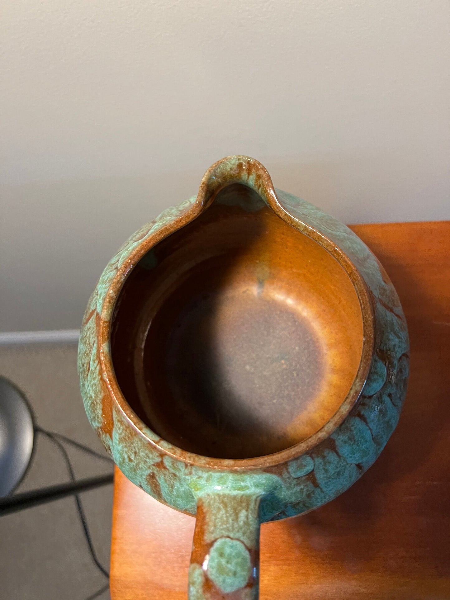 Vintage Hand Dripped Glazed Pottery Pitcher with Handle Green & Brown Rust Lover Antiques