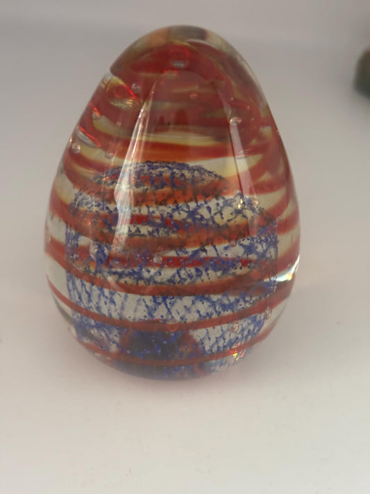 Vintage Murano Glass Paperweight Egg Blue Red Ribbons Italian Art Glass with Caged Bubbles