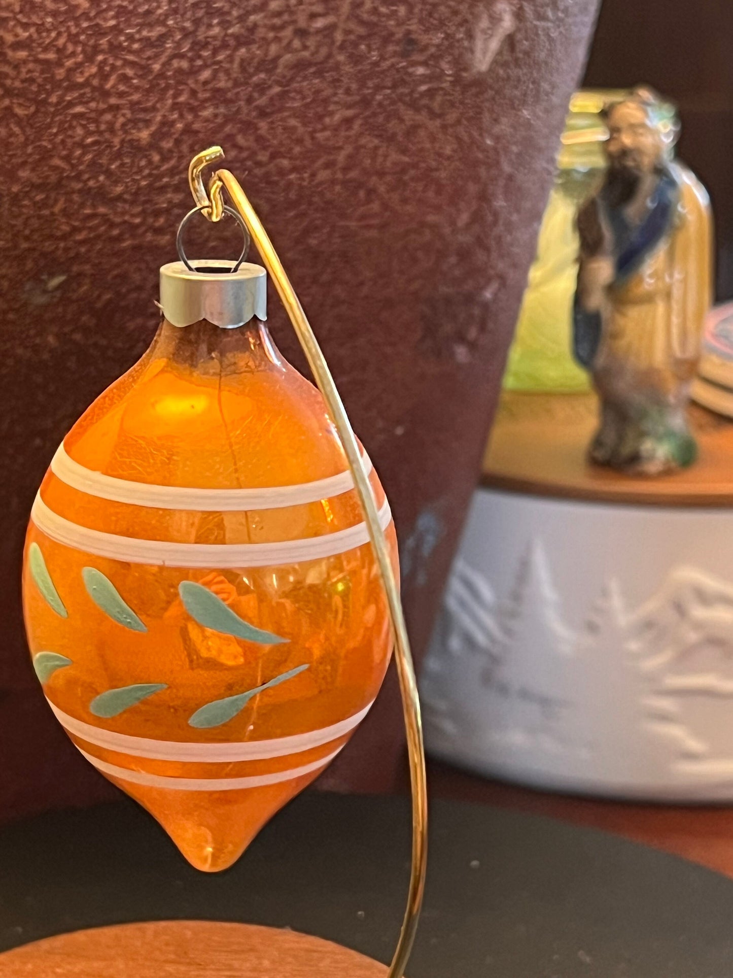 Vintage Shiny Brite Teardrop Ornament: Hand Painted Orange, 1940s