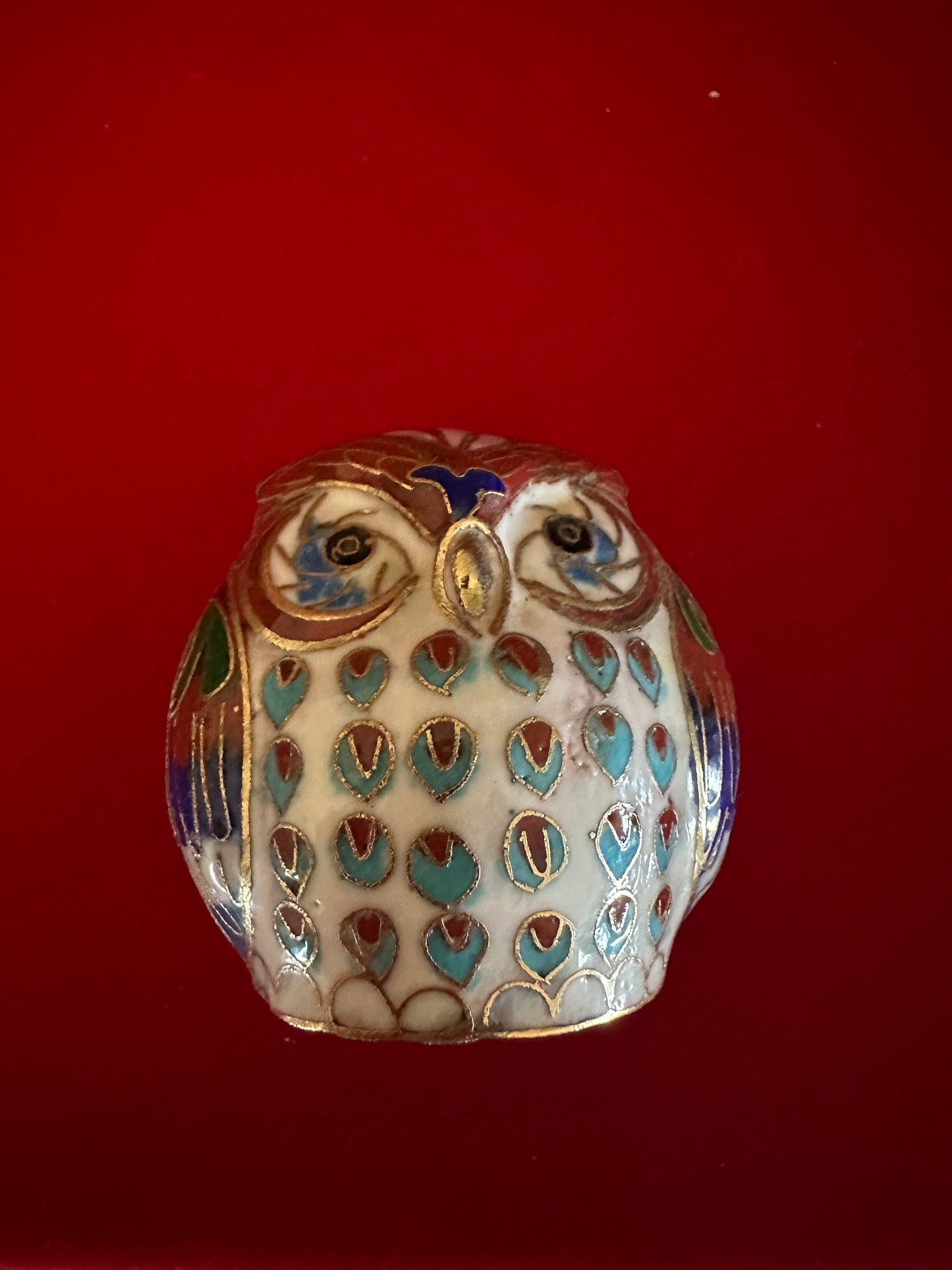 Vintage Cloisonné Enamel Owl Figurine: Cobalt Blue & Brass Base