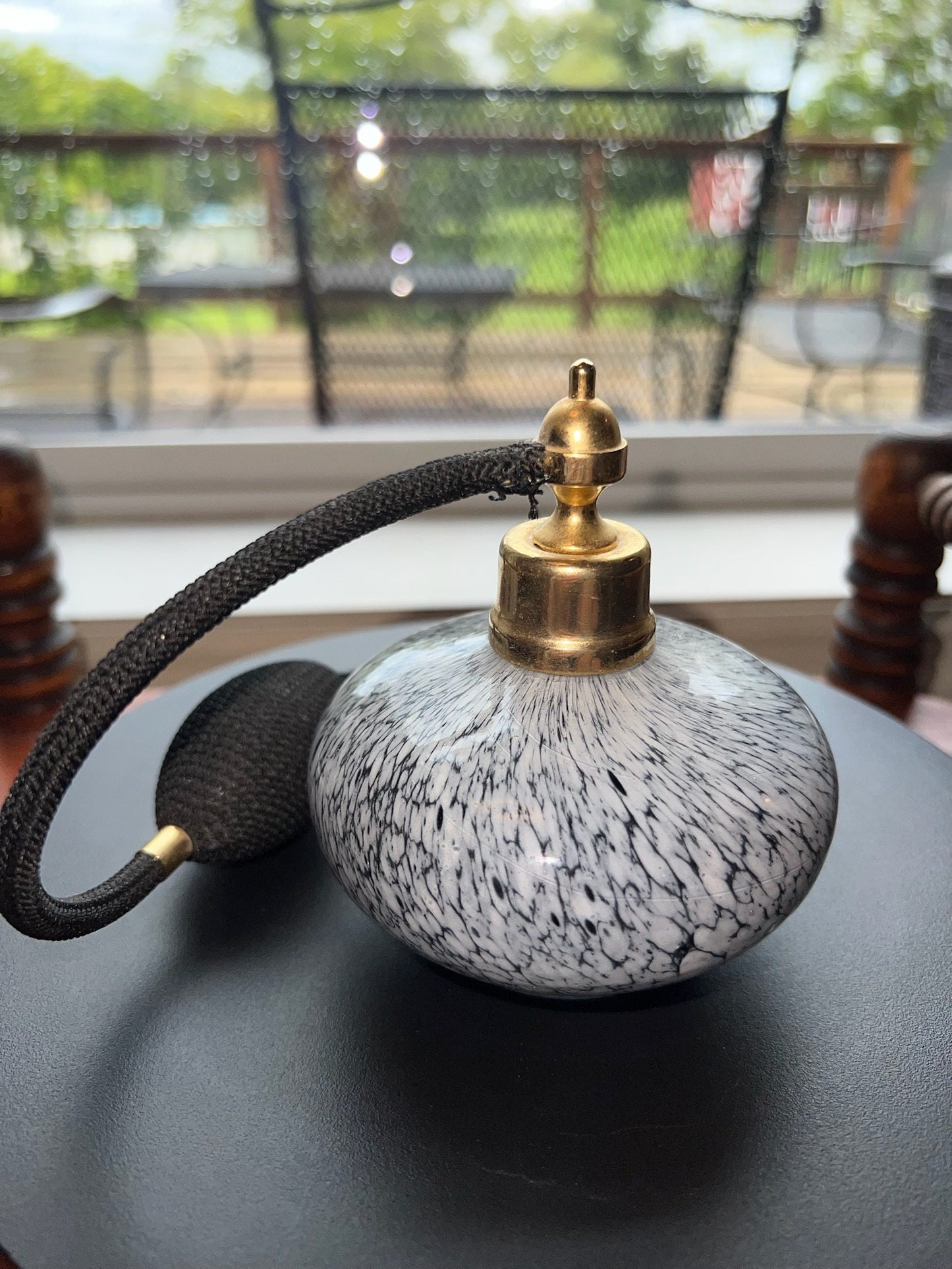 Vintage Black & White Opalescent Glass Perfume Bottle with Atomizer