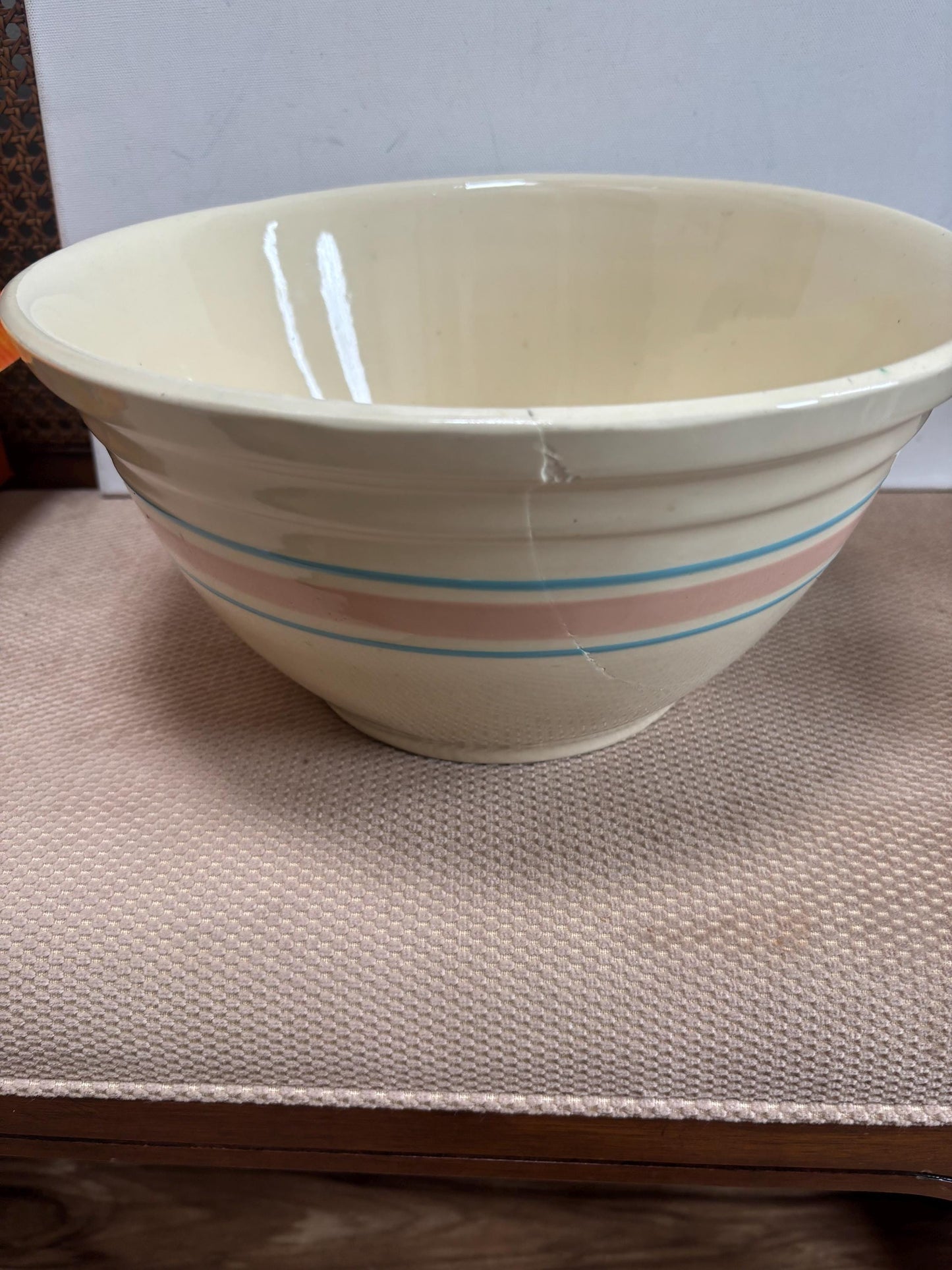 Vintage McCoy Ovenware #12 Bowl Pink Blue Stripe USA Stoneware Lover Antiques and Vintage