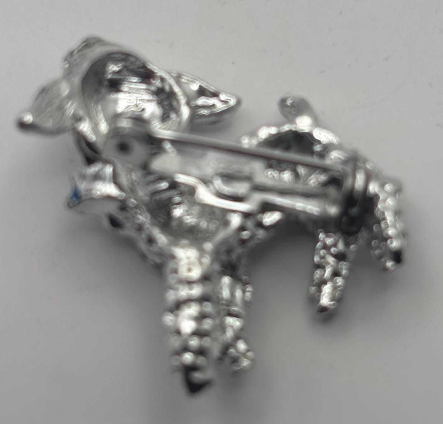 Silver Lamb Pin with Red Rhinestone Eyes and Blue Bow, Little Lambie Pin