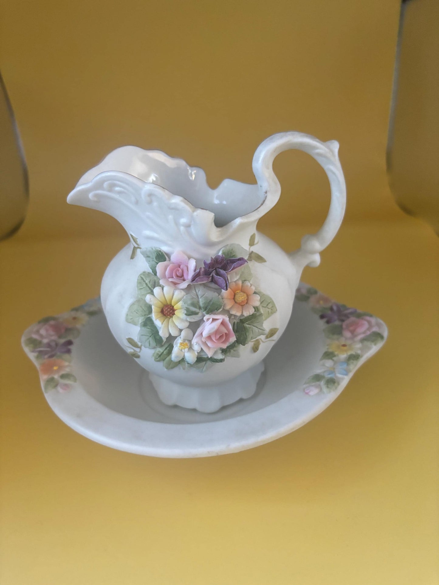 Vintage Lefton Pitcher and Plate Hand Painted Porcelain Figurines Japanese Lover Antiques and Vintage