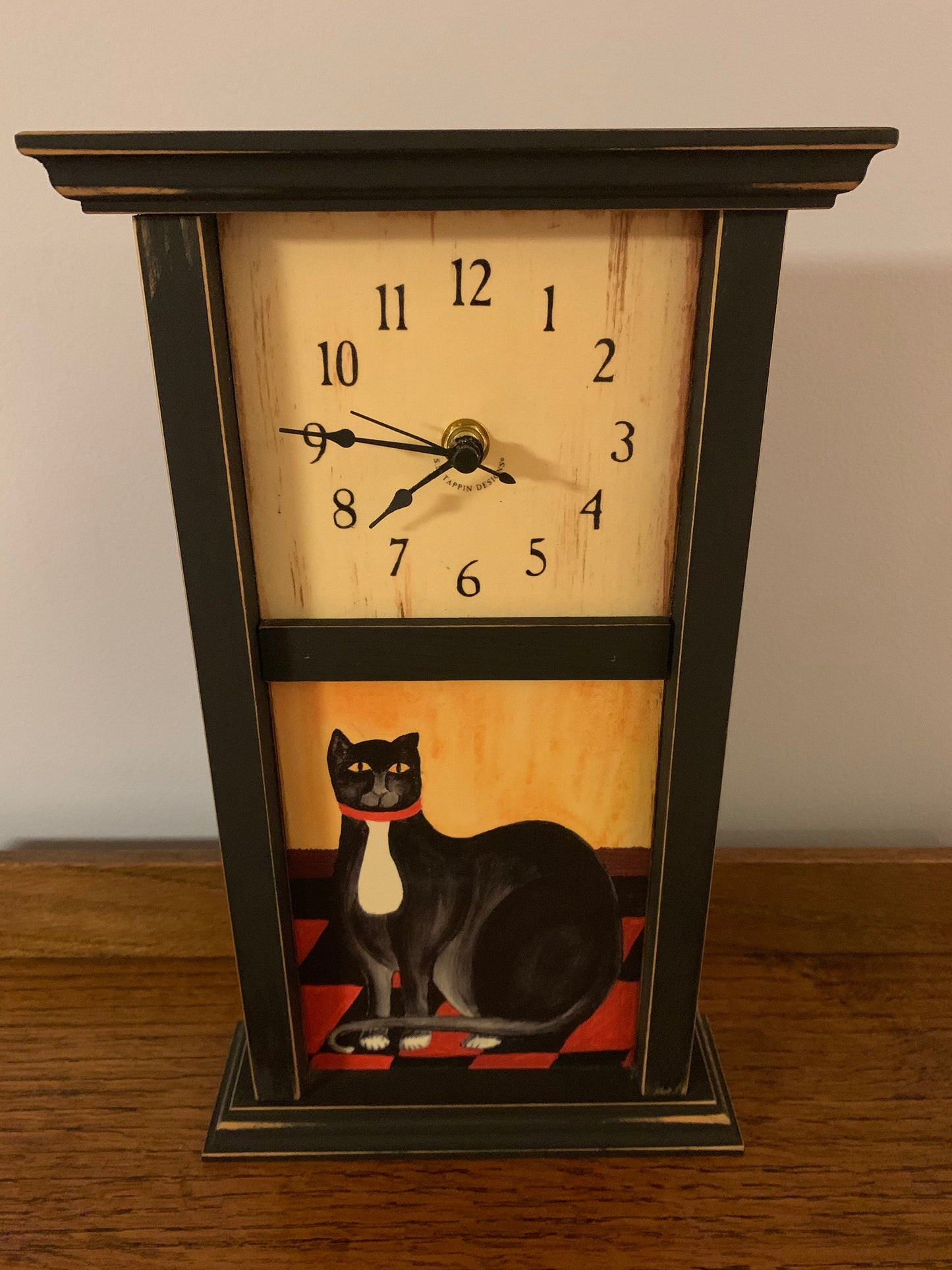 Vintage Primitive Black Wood Cat Mantle Clock