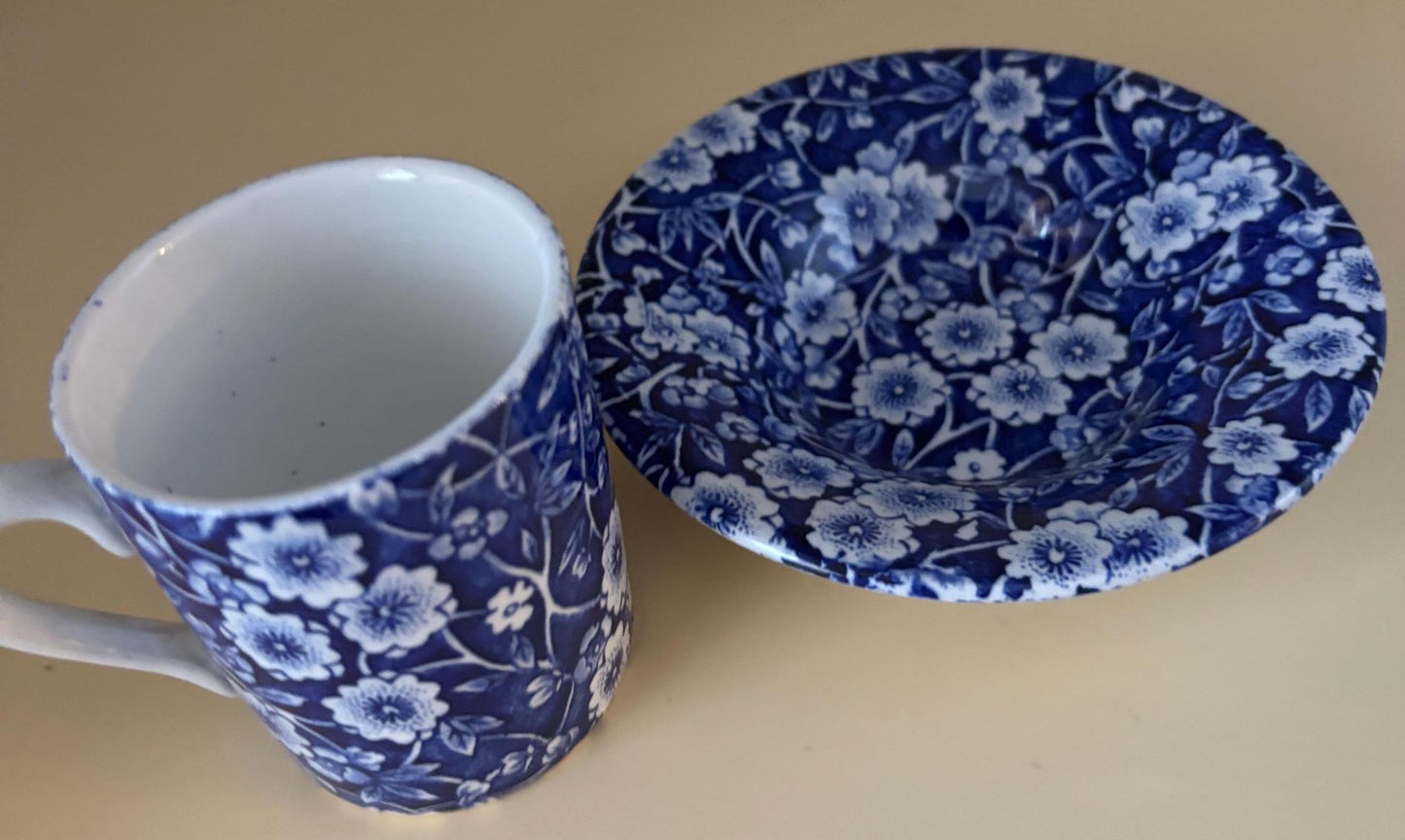 CALICO Blue and White Floral Espresso Cup and Saucer Royal Crownford Burleigh England Floral Transferware Lover Antiques