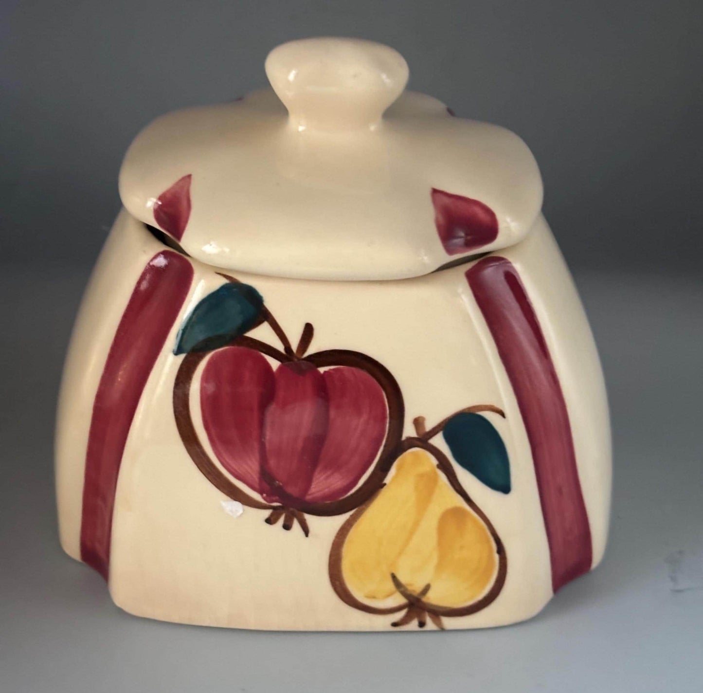 Purinton Pottery Canister Jar with Apple Pear Design, Drip Jar & Lid, Hand Painted Slipware Design