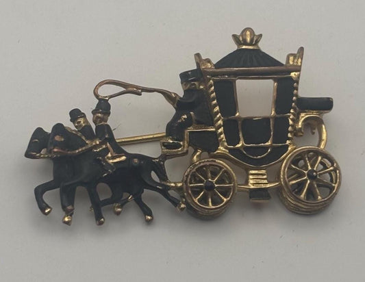 Vintage Carriage Stagecoach Horse Pin Black Enamel Gold Brooch Lover Antiques and Vintage