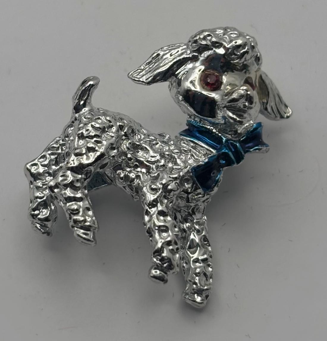 Silver Lamb Pin with Red Rhinestone Eyes and Blue Bow, Little Lambie Pin