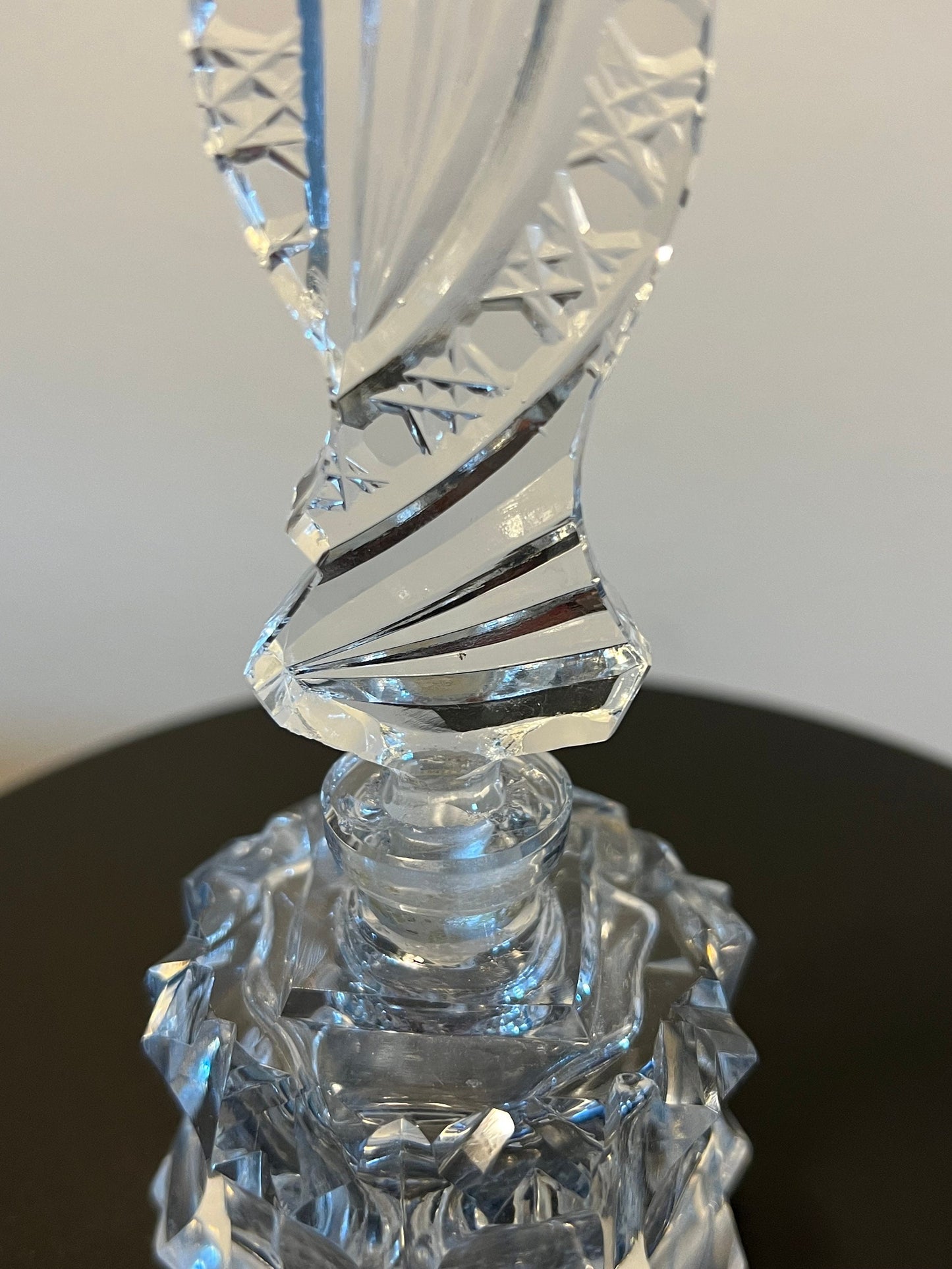 Vintage Cut Crystal Perfume Bottle: Etched Glass Stopper, Art Deco Display