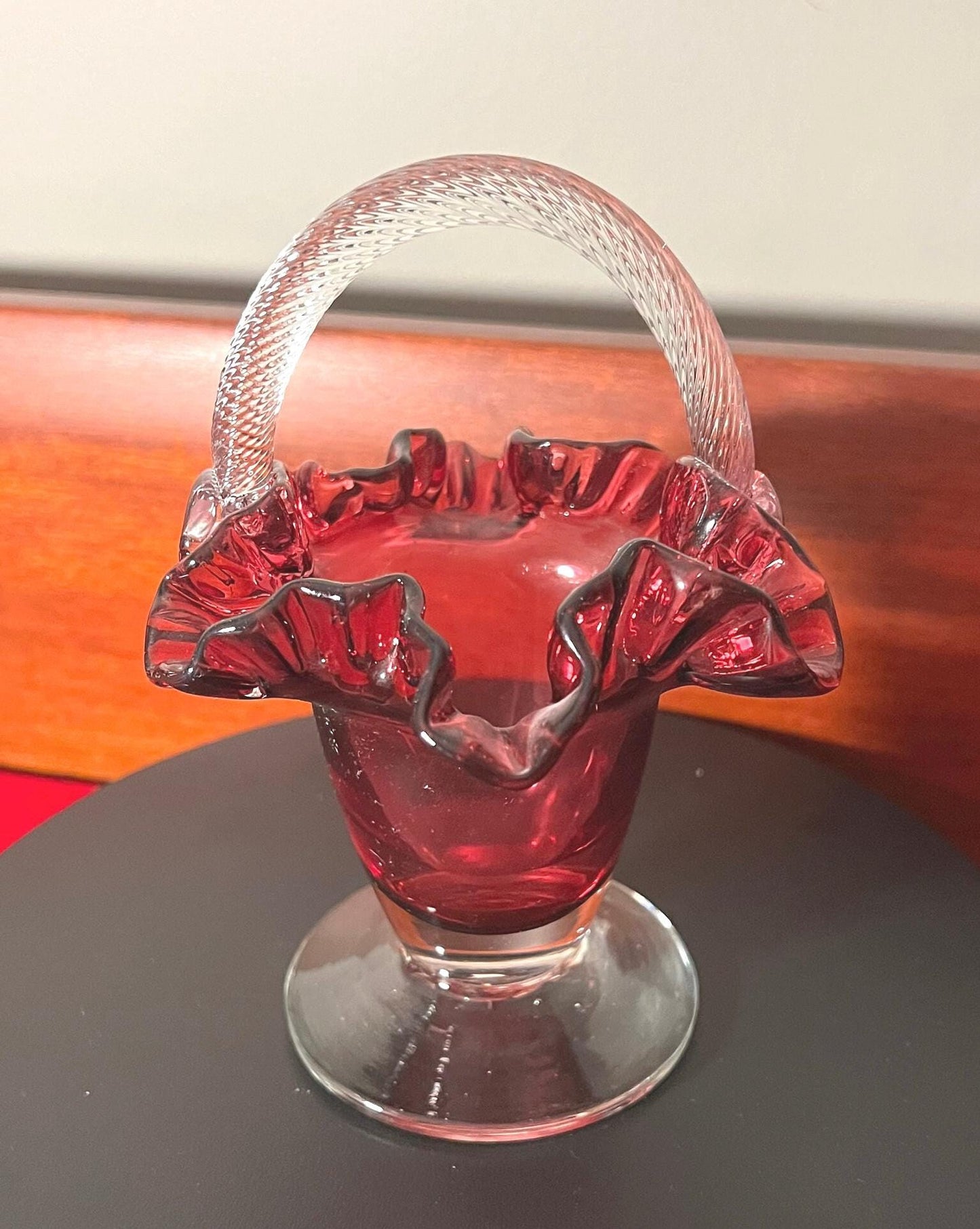 Vintage Fenton Cranberry Glass Ruffled Basket with Handle