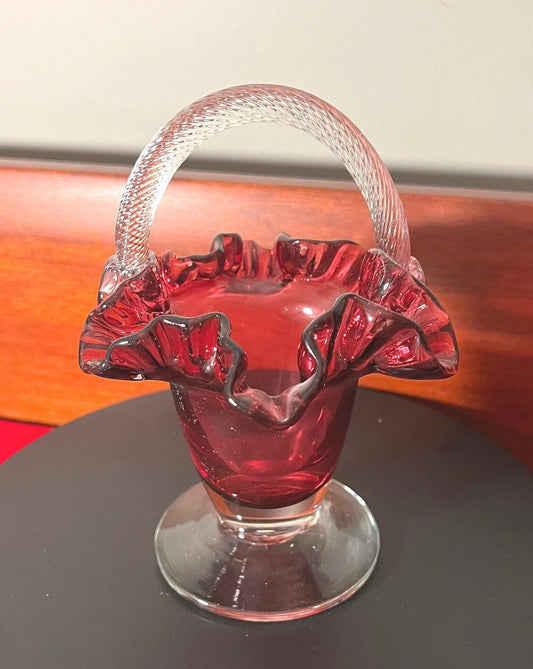 Vintage Fenton Cranberry Glass Ruffled Basket with Handle