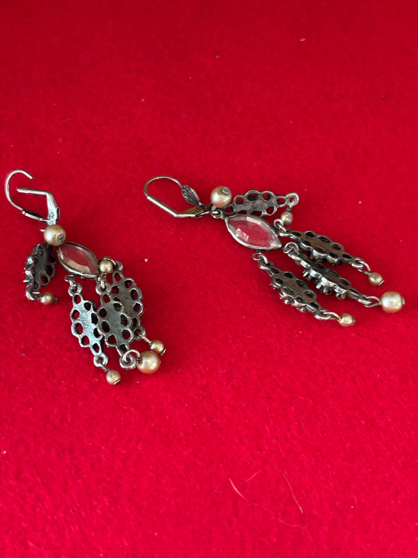 Vintage Crystal Rhinestones Pearls Chandelier Earrings Lever Back Closure Elegant Jewelry