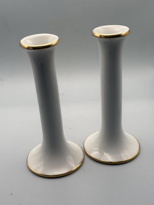 Vintage Dansk White Porcelain Candle Holders Gold Trim Mid Century Decor Set