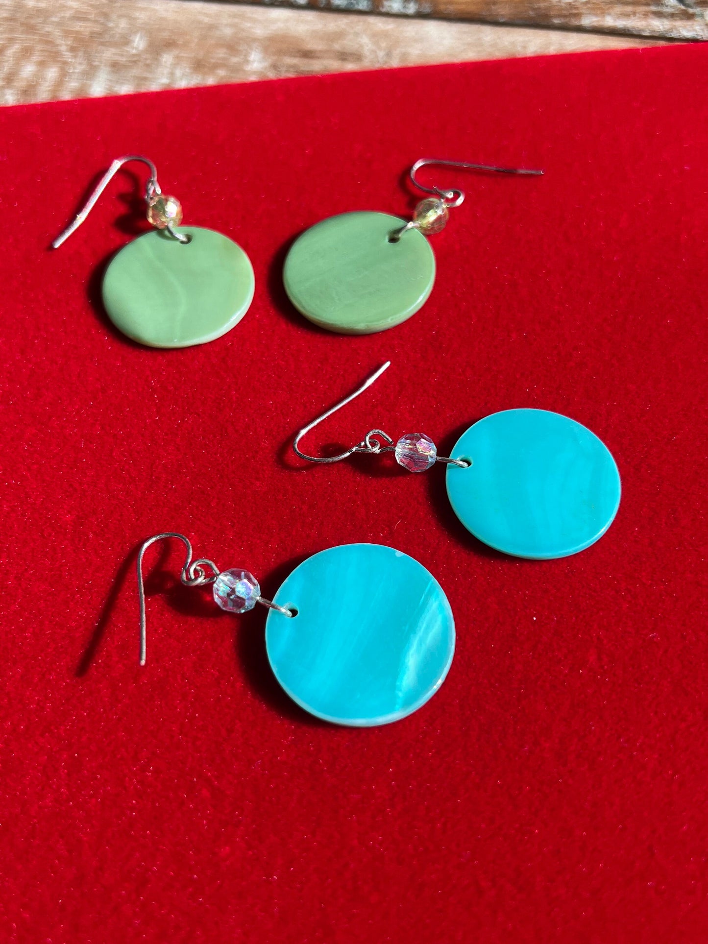 Vintage Opalescent Circle Earrings: Blue & Green Hoop Set