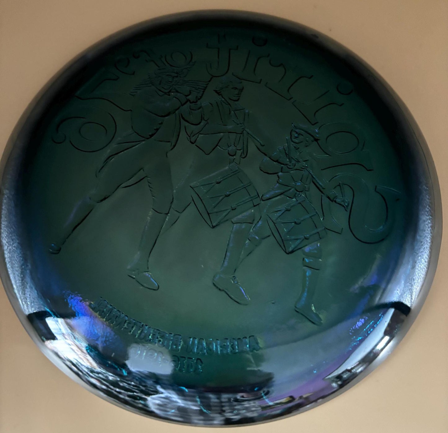 Vintage Fenton Carnival Glass Plate: Spirit of '76 Bicentennial, Iridescent Blue Purple