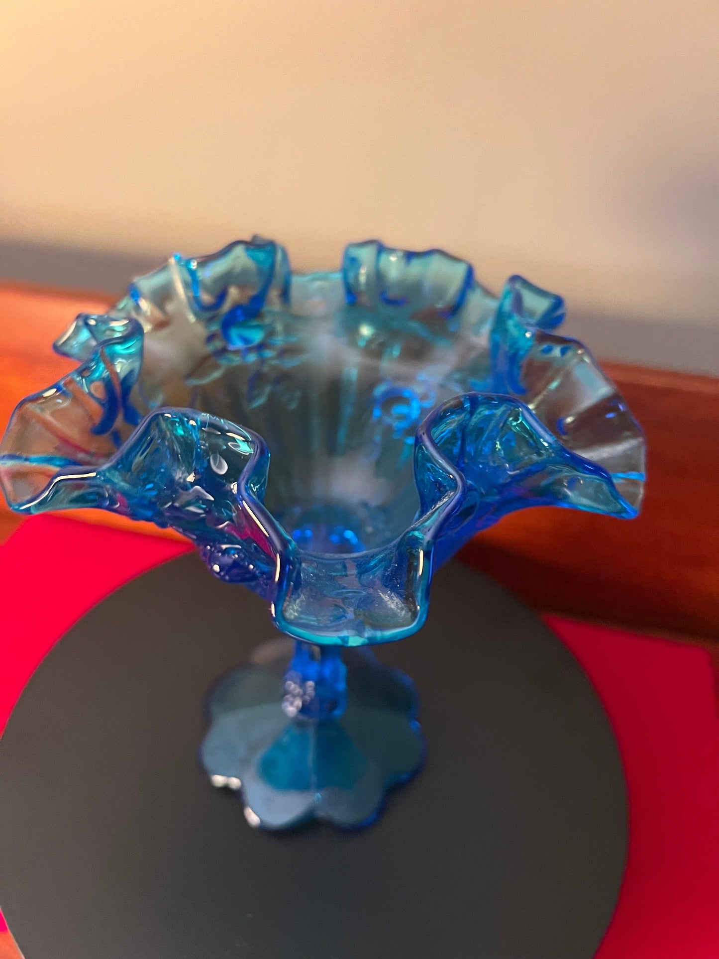 Vintage Fenton Colonial Blue Ruffled Compote, Fenton Art Glass, Candy Dish, Fancy Blue Glass Art, Lover Antiques and Vintage