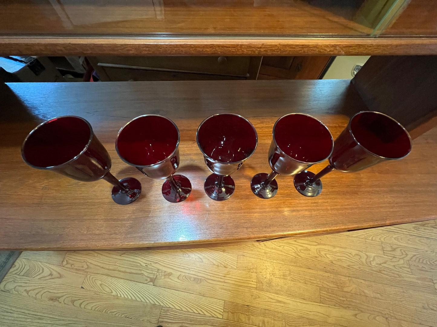 Vintage Ruby Red Glass Tall Glasses Set of 5 Art Glasses 12.5” high 3.5” wide at the top