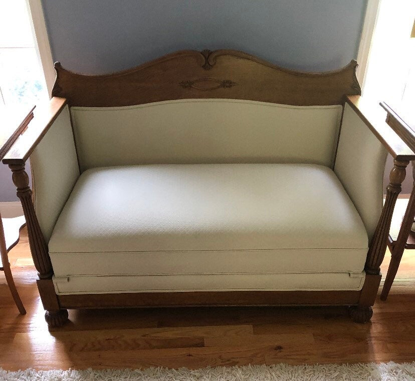 Antique Oak Carved Cream Loveseat with Pull Out Trundle Bed Lover Antiques and Vintage