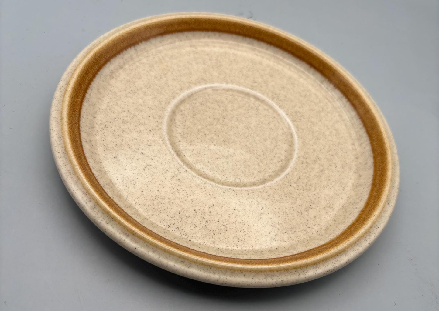 Vintage Mikasa Saucer Plate Stone Manor Stoneware F5800 Tan Speckle With Brown Trim Lover Antiques and Vintage