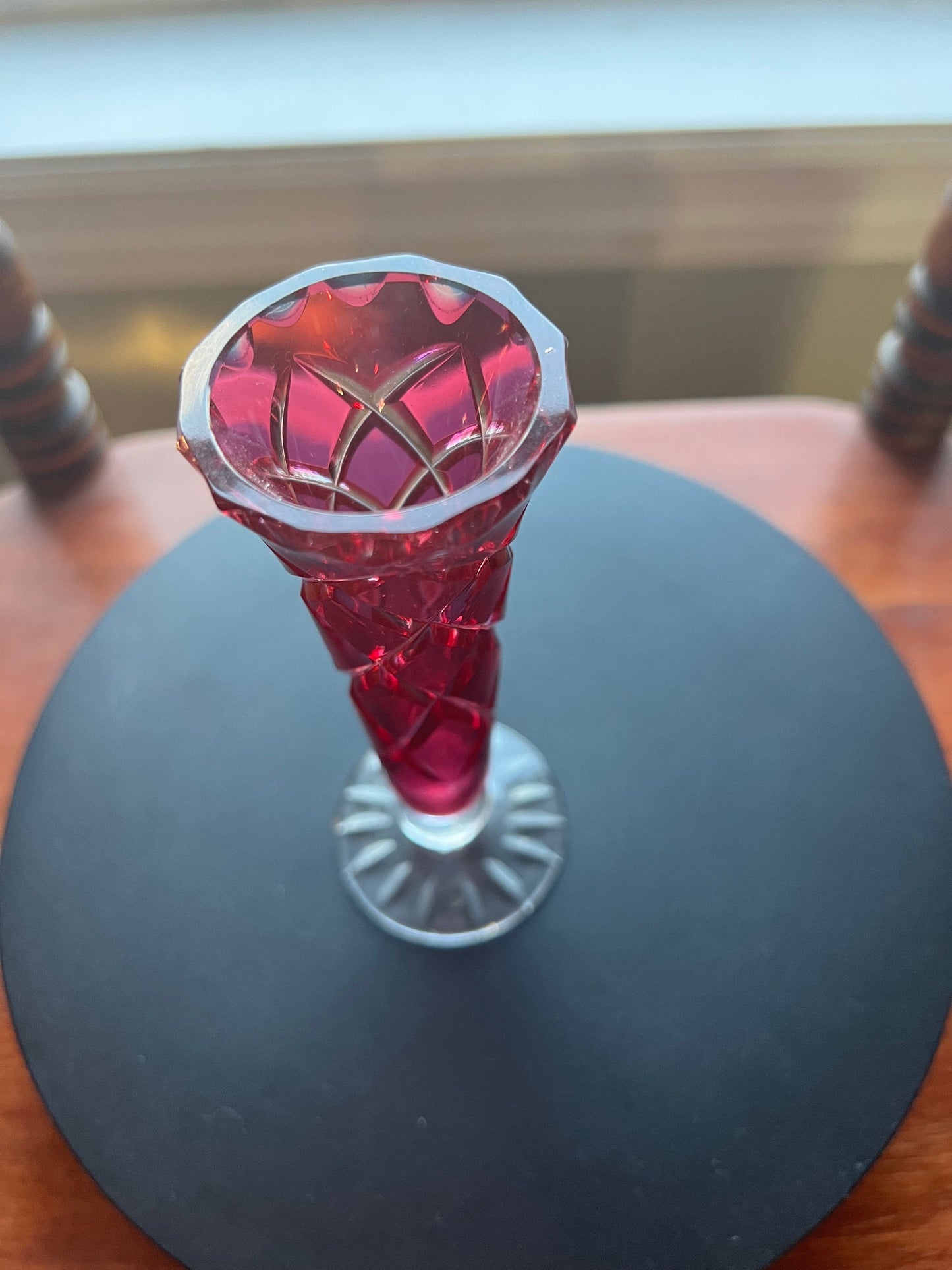 Vintage Ruby Red Cut to Clear Crystal Vase: Bohemian Czech Glass Art