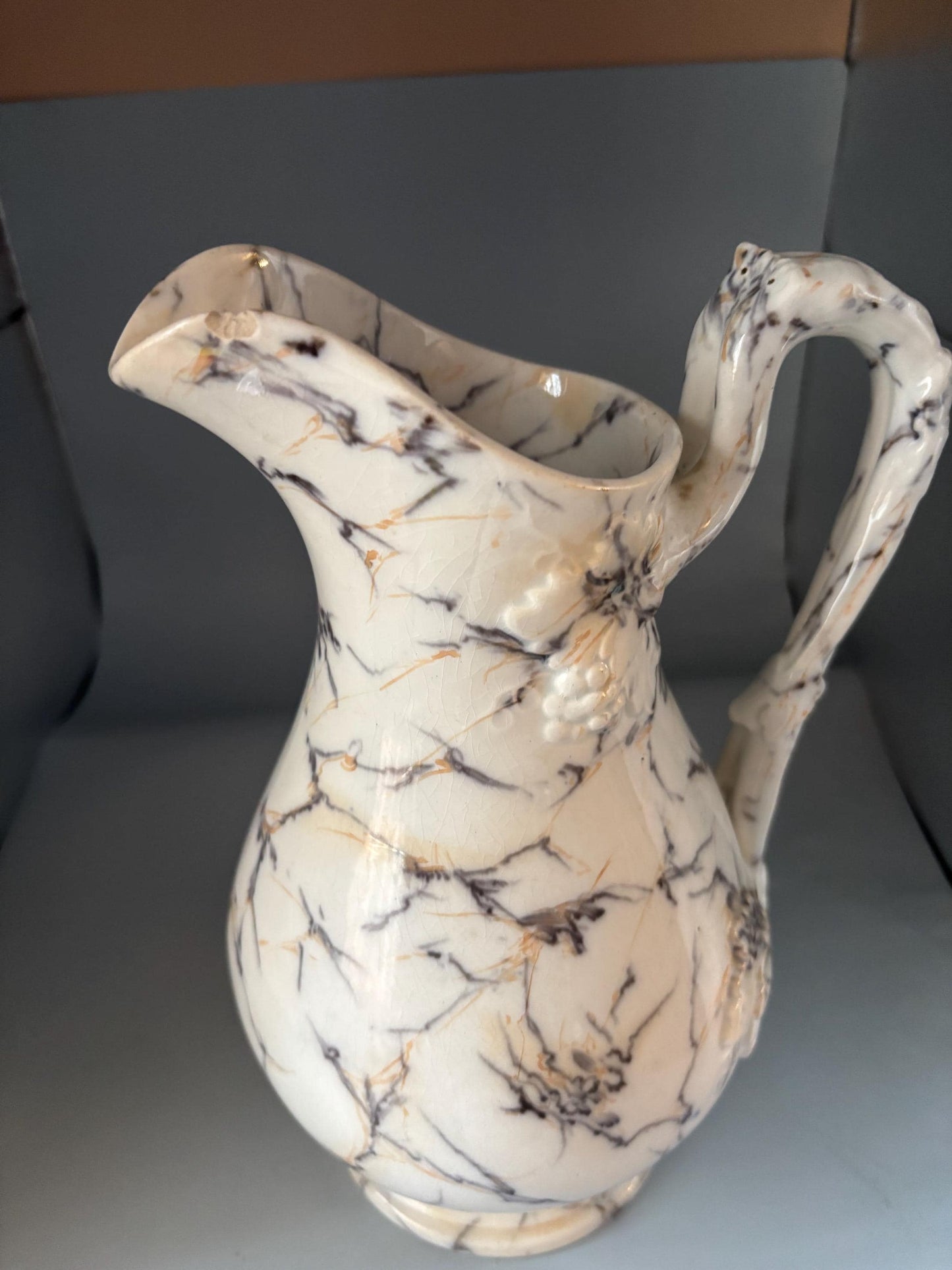 Antique Marble Pitcher No. 876, White Black Veined Decorative Vase