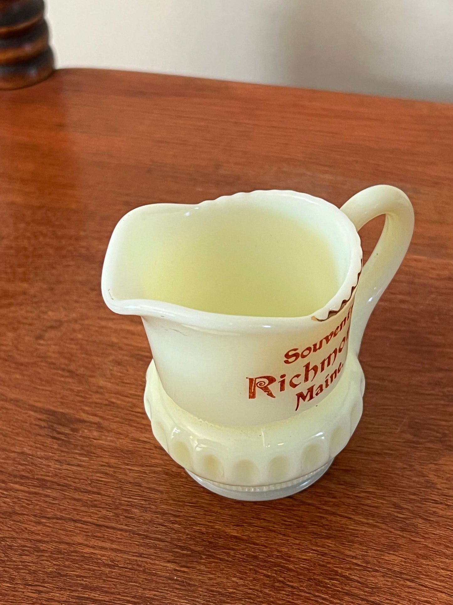 Vintage Heisey Uranium Glass Mini Pitcher: Richmond, Maine Souvenir