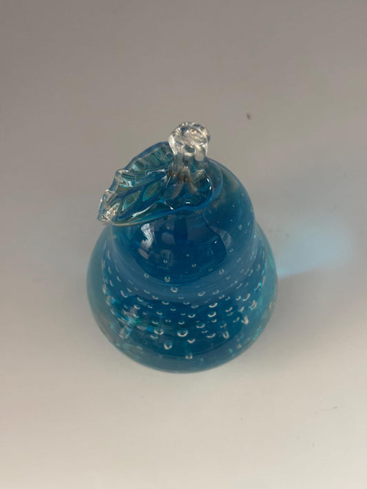 Vintage Aqua Glass Pear Bullicante with Controlled Bubbles 4.5 Inch Hand Blown Paperweight