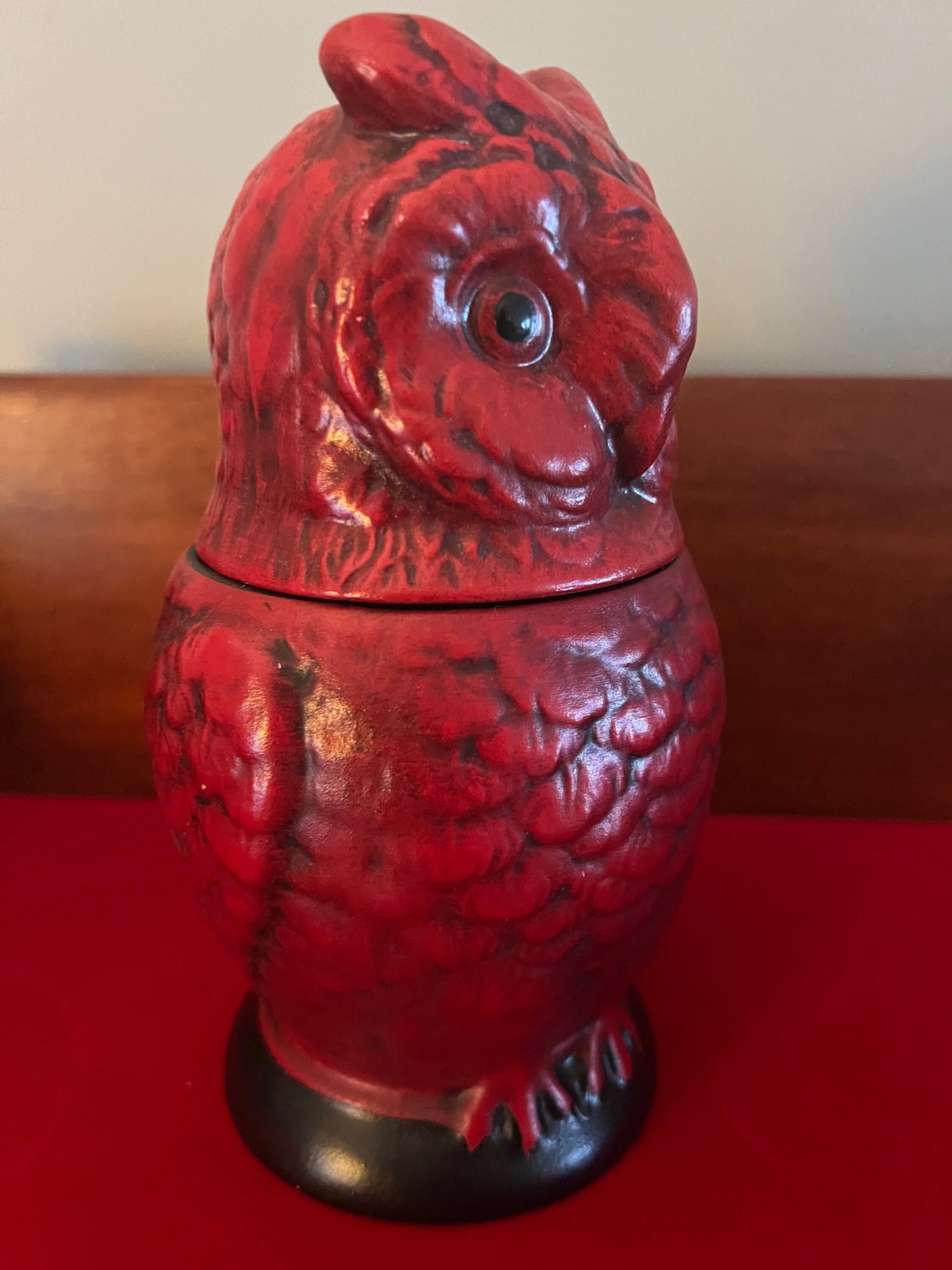 Vintage Red Ceramic Owl Jar: Removable Head Trinket Dish