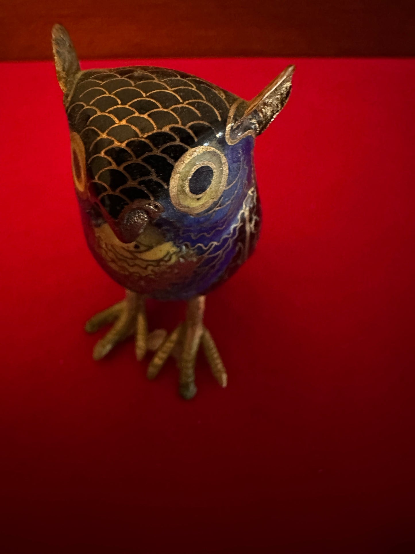 Antique Cloisonné Enamel Brass Owl Figurine: Cobalt Blue Decor