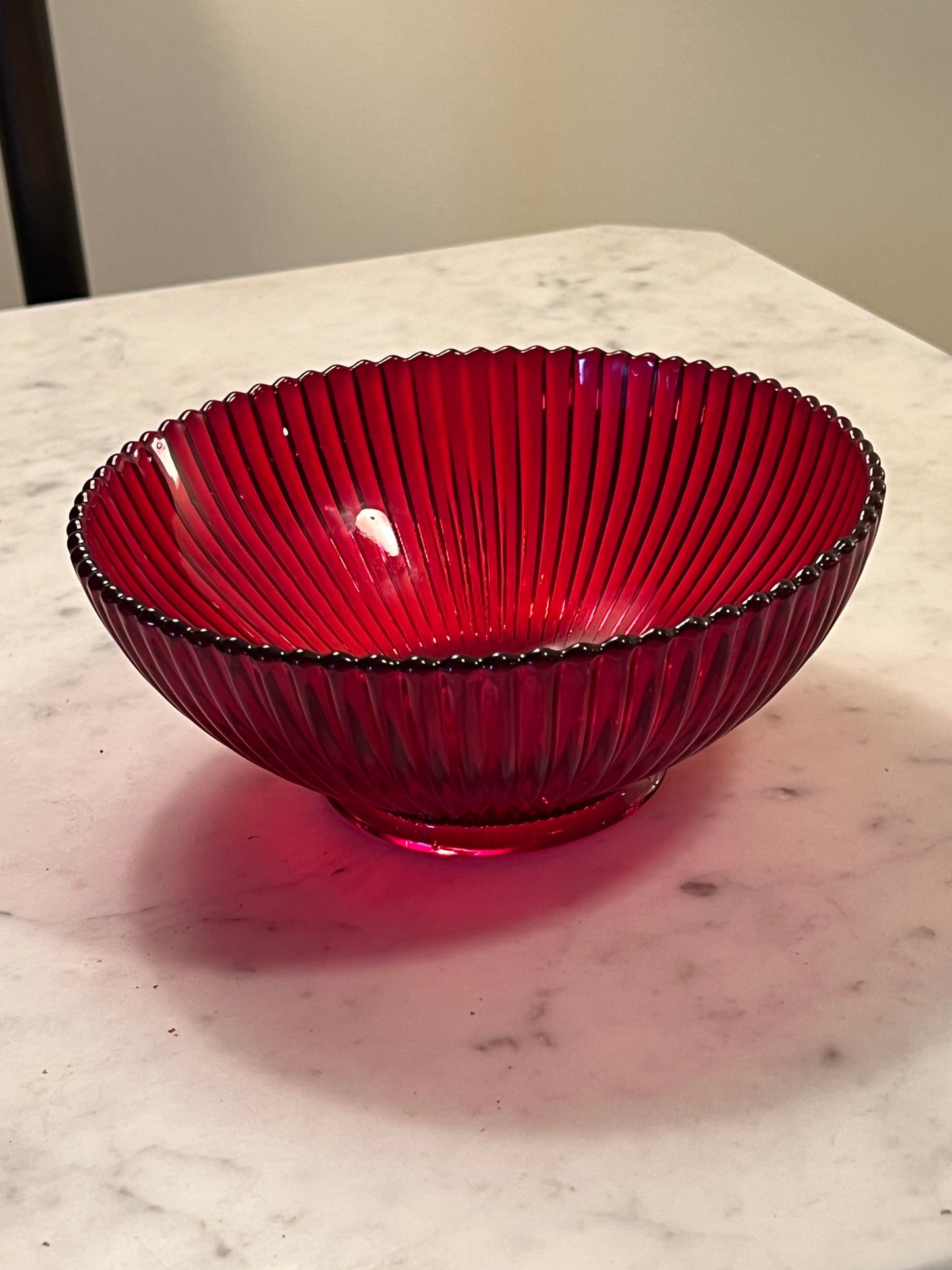 Vintage Anchor Hocking Glass Round Serving Bowl Queen Mary vertical ribbed or prismatic line pattern