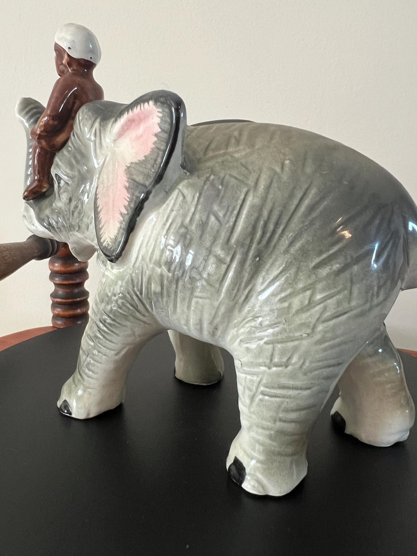 Vintage Ceramic Elephant Figurine: Trunk Up, Man Rider, Made in Japan