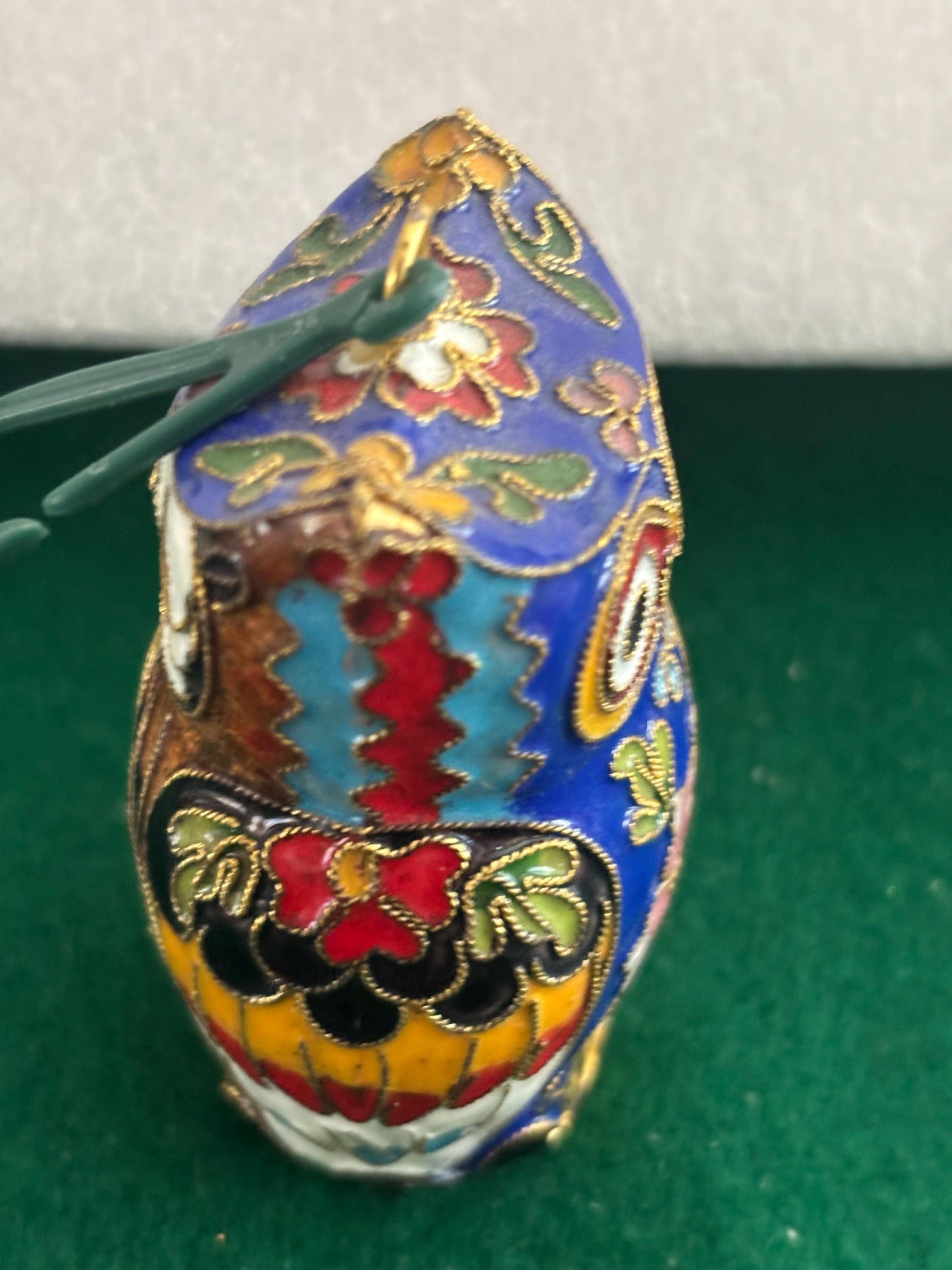 Vintage Cloisonné Brass Enameled Owl Figurine, Standing Owl Statue with Pink & Purple Floral Details