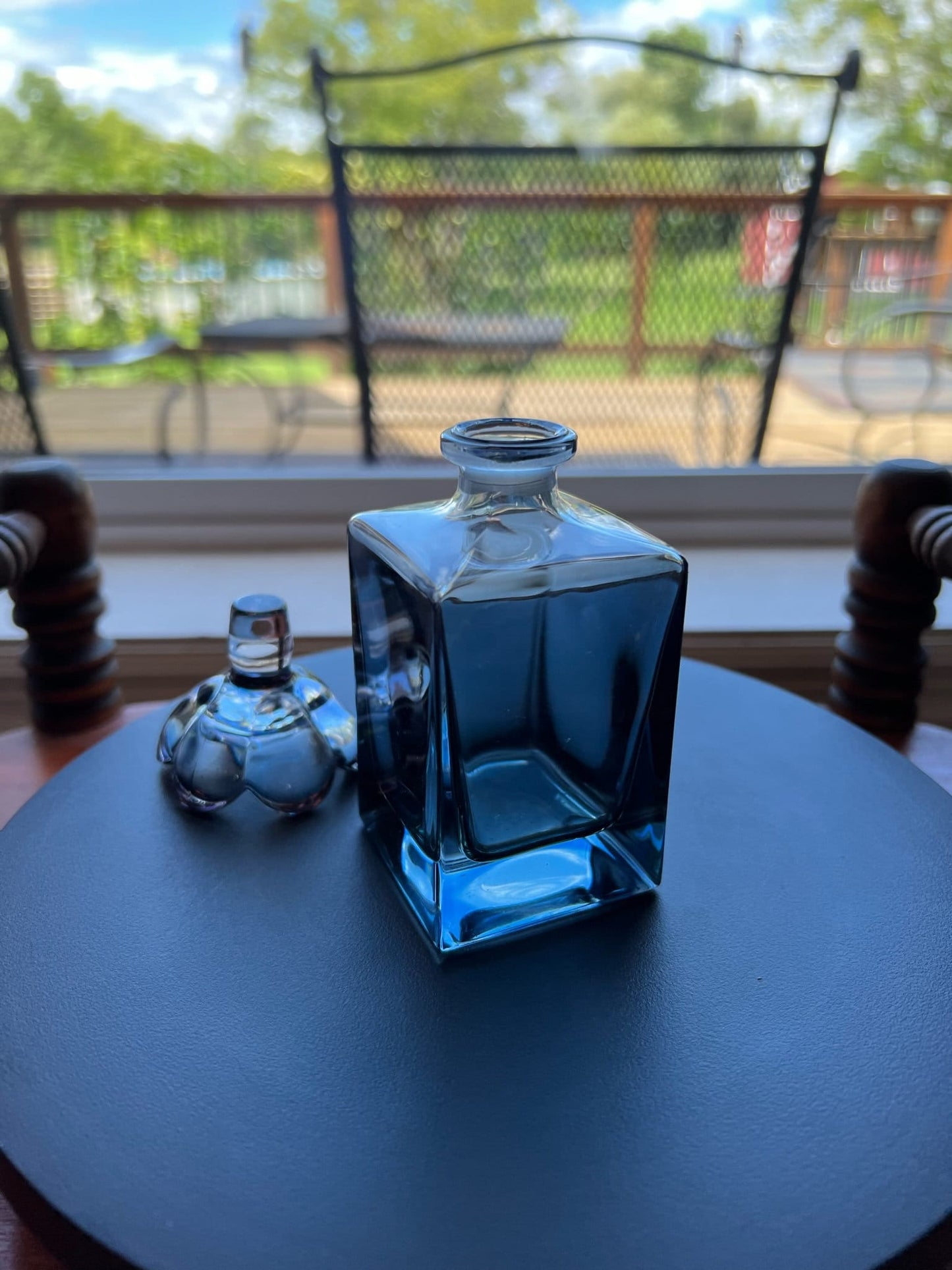 Vintage Blue Glass Perfume Decanter: Flower Stopper Art Glass