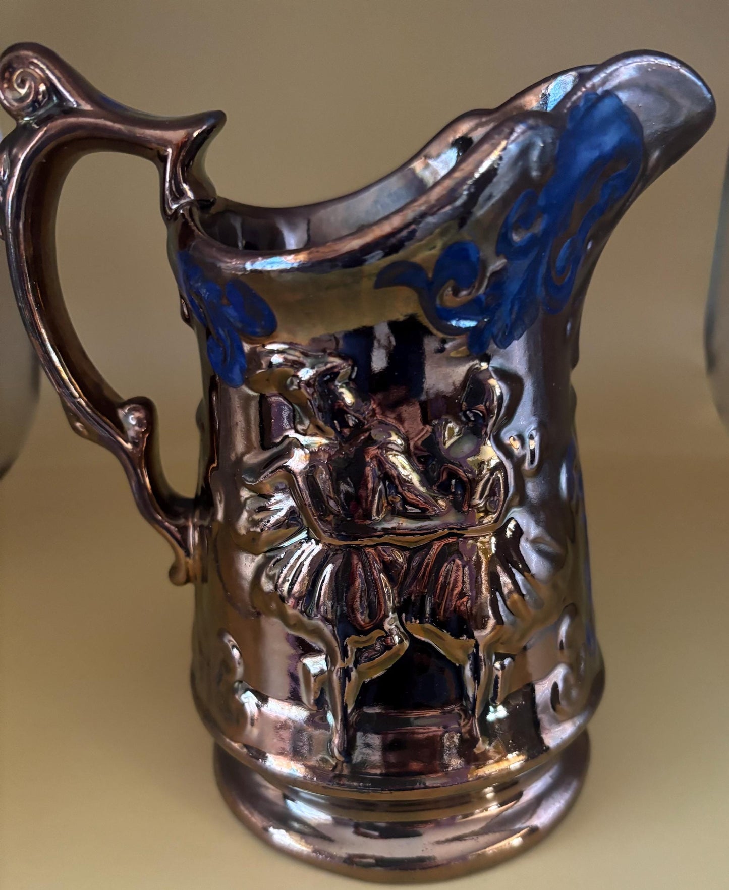 Antique Stafforshire Hand Painted Copper Lustreware Pitcher Circa 1880’s Dancing Couple Lover Antiques and Vintage