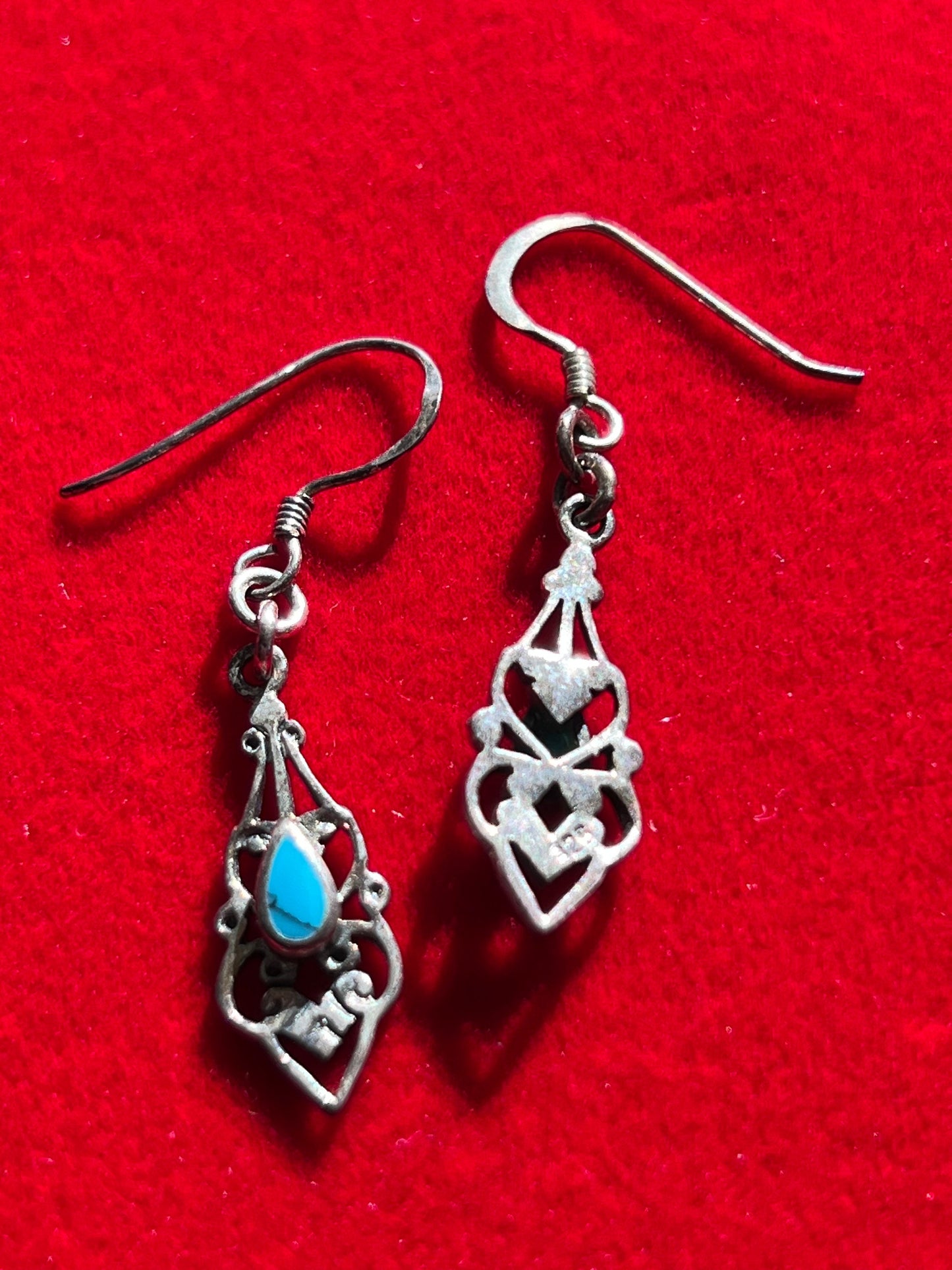 Vintage Silver Turquoise Dangle Earrings: Swirl Design