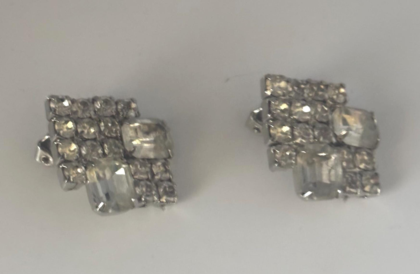 Silver Rhinestone Sparkling Clip On Earrings, Art Deco Jewelry