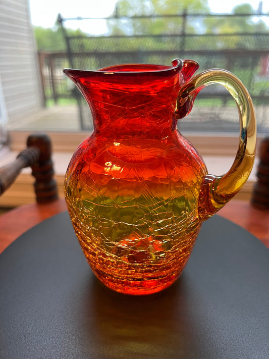 Vintage Crackle Amber Art Glass  Colored Pitcher with handle orange red glass Artwork