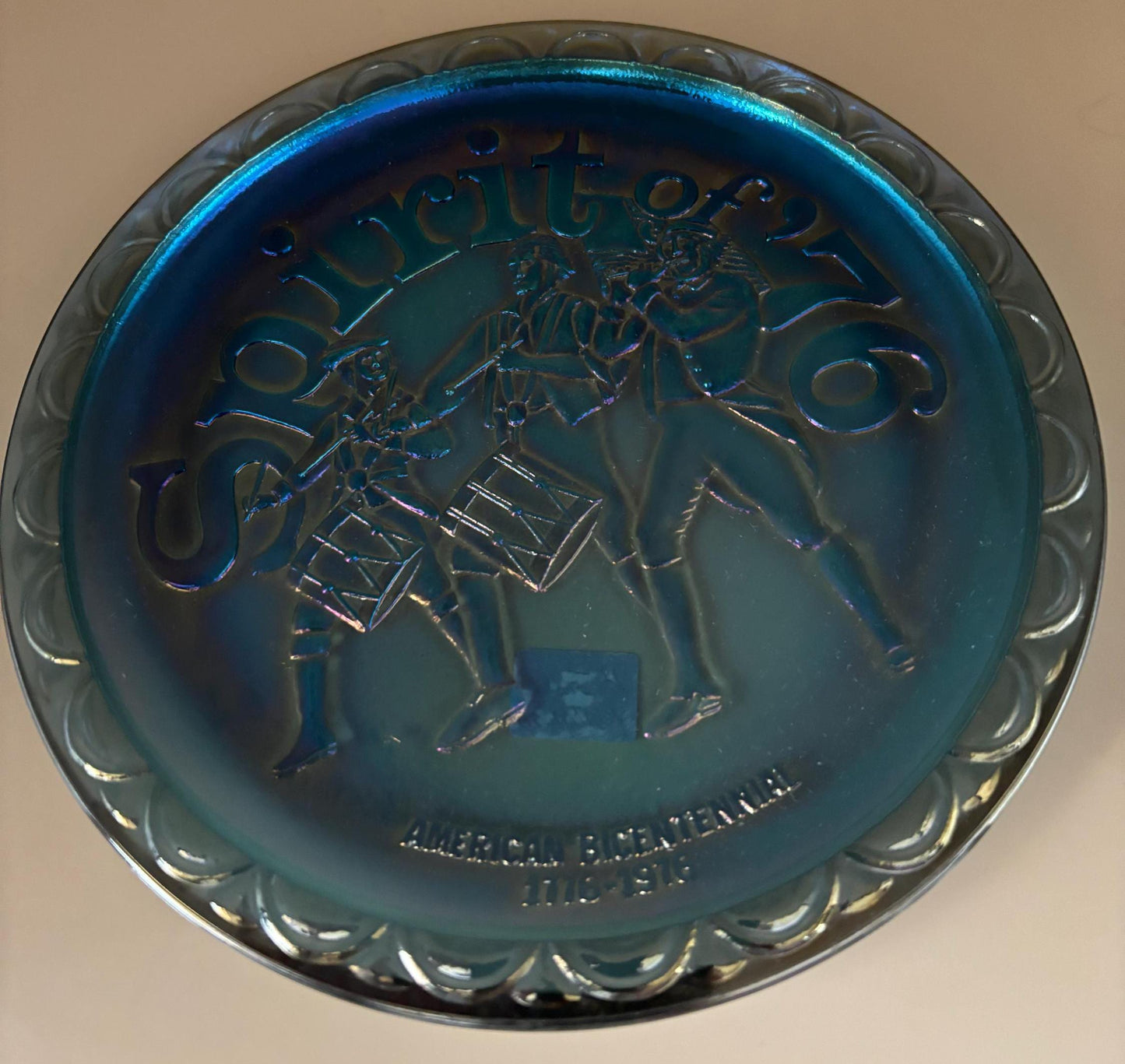 Vintage Fenton Carnival Glass Plate: Spirit of '76 Bicentennial, Iridescent Blue Purple