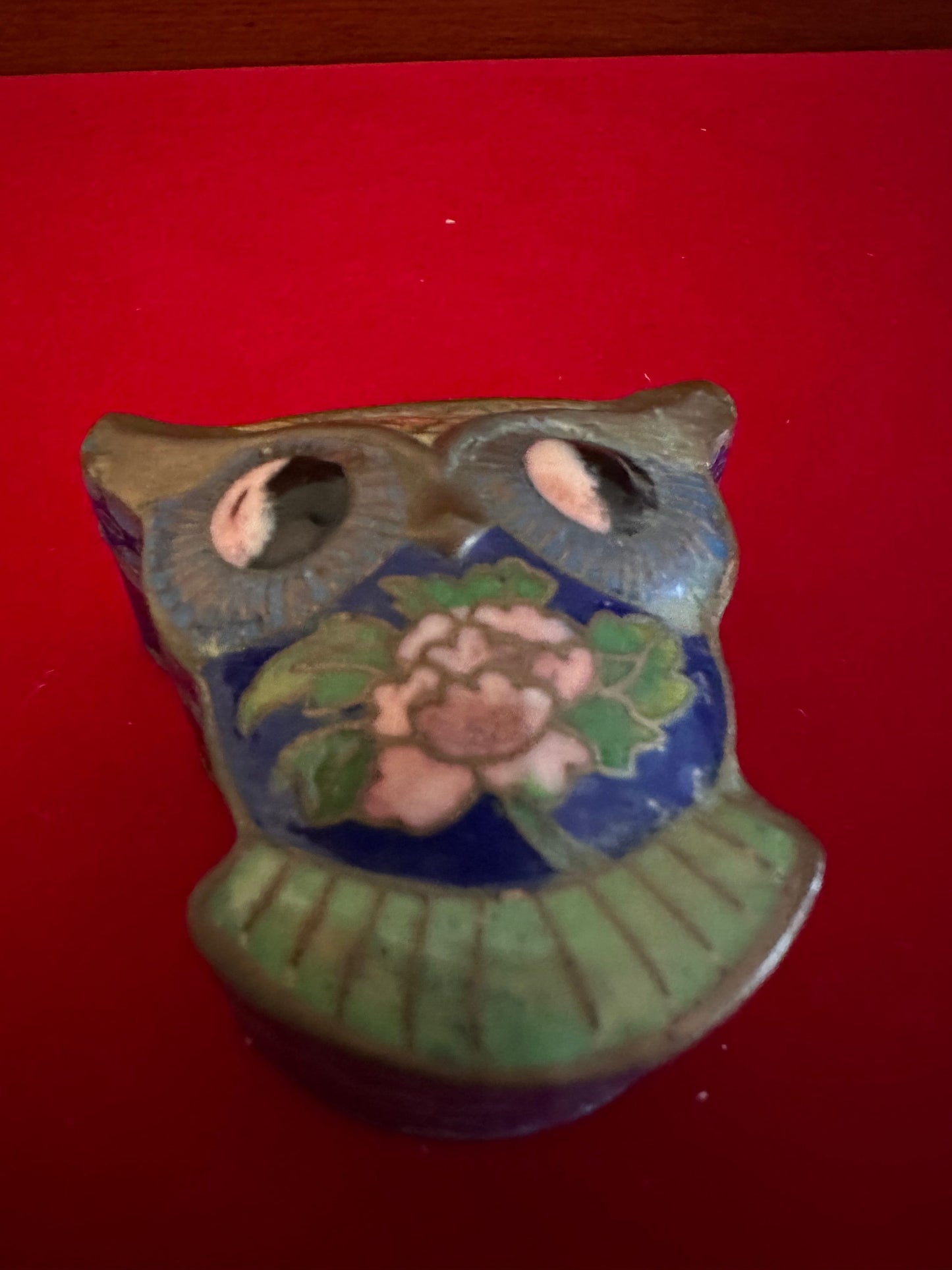 Vintage Cloisonné Enamel Owl Trinket Box: Brass Container