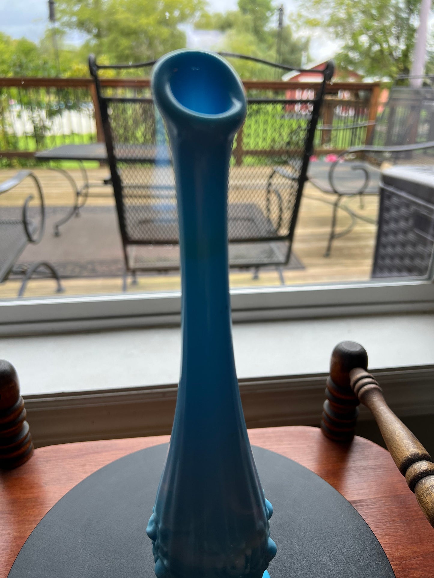 Vintage Fenton Blue Slag Glass Bud Vase - Cabbage Rose Swung Vase 11”