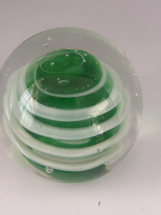 Vintage Green White Marble Look Paperweight 3 Inch Glass Swirl Office Decor