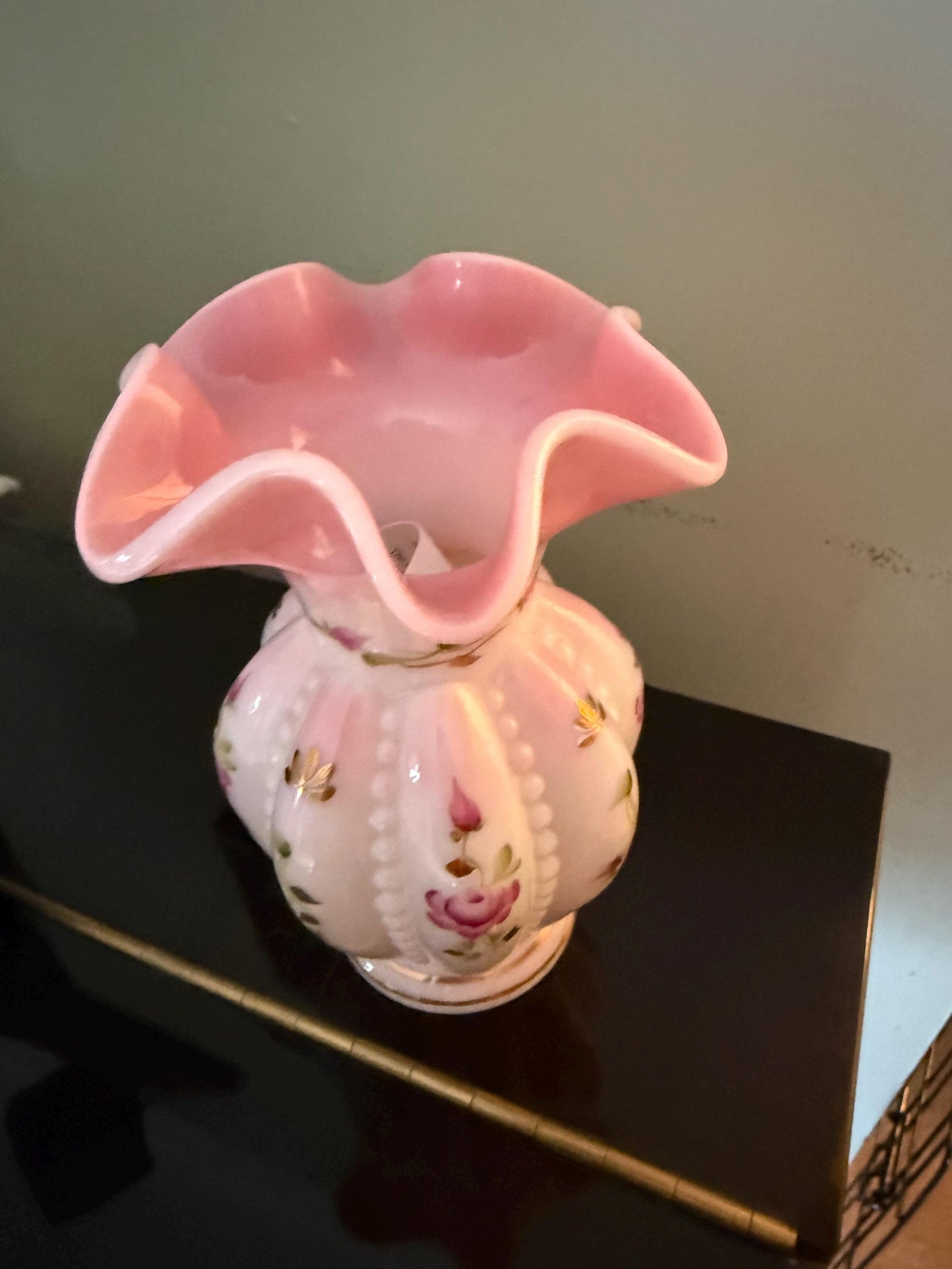 Fenton Rosalene Beaded Melon Vase, Charleton Rose Collection, Hand Painted By Linda Everson