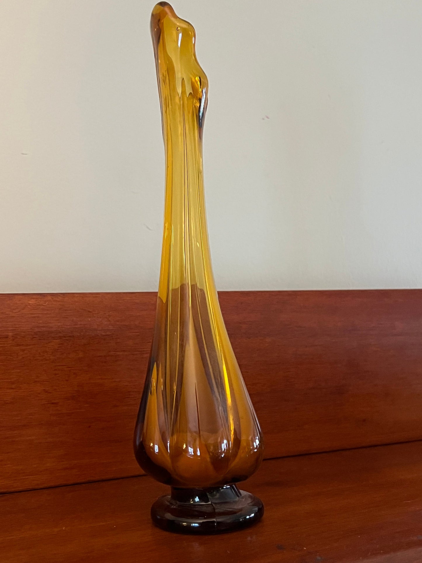 Vintage Italian Amber Swung Glass Vase: Mid-Century Pedestal Vase